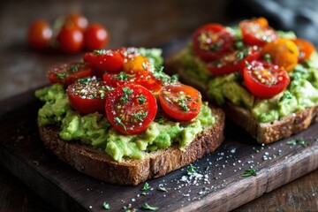 Avocado Toast with Cherry Tomatoes on Wooden Board, Healthy Breakfast