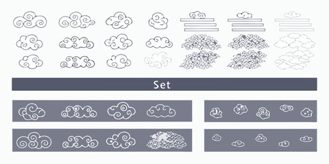 Collection of hand drawn stylized clouds and cloud clusters in a simple line art style