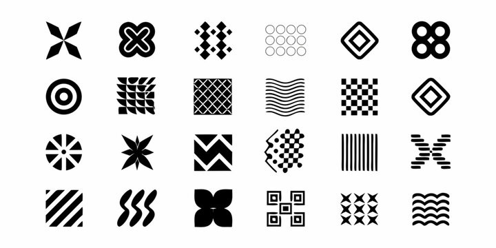 Collection of diverse geometric and abstract black and white iconographic symbols and patterns