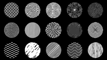 Collection of fifteen diverse circular abstract patterns and textures on a black background