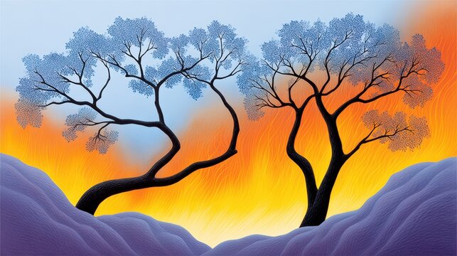 The Everflame Vale: A forest where trees are made of living fire, leaves flickering like candlelight, warmth without burning, mesmerizing fantasy scenery