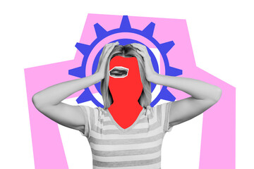 Composite trend artwork photo collage of caricature personage faceless wear mask close eye fragment headache think brainstorming gear