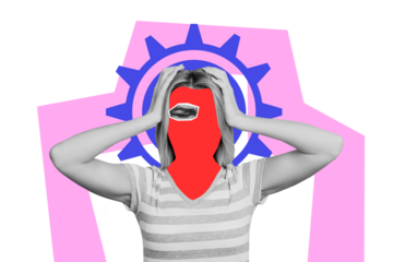 Composite trend artwork photo collage of caricature personage faceless wear mask close eye fragment headache think brainstorming gear