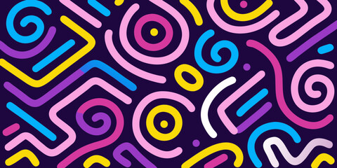 Vibrant abstract memphis style pattern with swirls lines and shapes on dark background