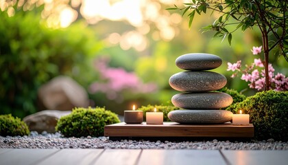 A close-up shot of a stack of gray spa stones on a wooden tray with lit candles and small plants in a blurred lush green garden background. Concept for massage or spa center advertising