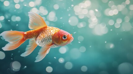Fototapeta premium A single goldfish swims in a blue and green water tank with bokeh lights in the background.