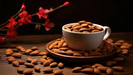 Freshly roasted almonds displayed in a white cup on a wooden surface with cherry blossoms in a dimly lit setting