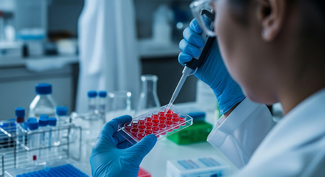 Scientist in sterile laboratory setting carefully pipetting liquid into microplate for research