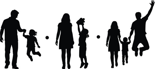Family silhouette illustration with playful parent-child interactions, black vector design symbolizing bonding, joy, childhood moments, and everyday love