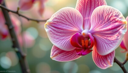 Naklejka premium A close up of a pink and white orchid flower with intricate veining on its petals