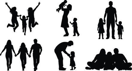 Family bonding silhouette set with joyful interactions, black vector illustration showing love, care, playfulness, walking, and togetherness moments