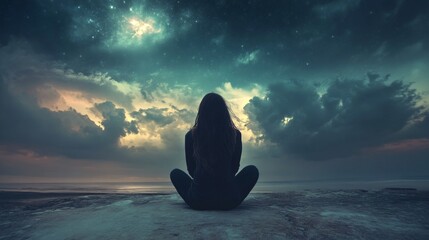 A woman sits in lotus position facing a bright starry sky, with the moon and clouds, while facing the sea.