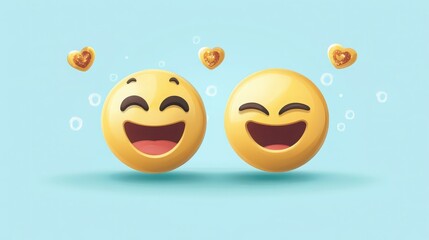 Two cheerful emoji faces with hearts floating around them on a light blue background, expressing joy