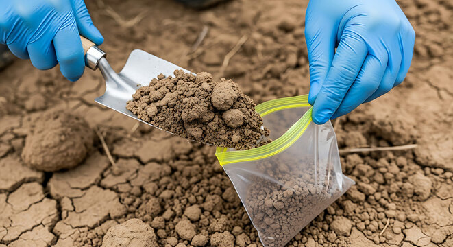 Person in blue gloves carefully collects soil samples from dry earth for laboratory testing and analysis