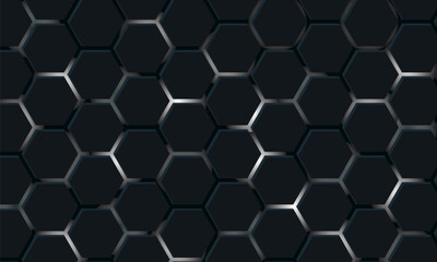 Dark hexagon abstract technology background with black and white bright flashes under the hexagon. Hexagon game vector technology illustration on black abstract background.