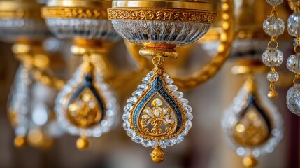 Fototapeta premium Ornate Gold and Crystal Chandelier Close-up with Decorative Droplets
