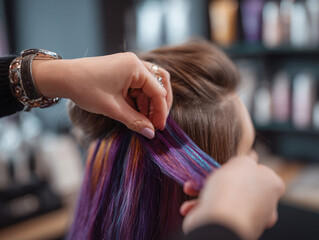 Naklejka premium Stylist applying vibrant highlights. Perfect for beauty, salon, fashion, or trend themes. Showcases creativity and transformation. Excellent for lifestyle content.