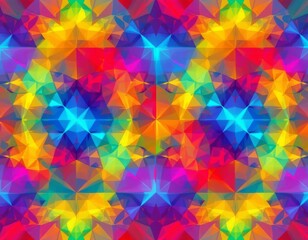 The image features a vibrant, abstract geometric pattern composed of numerous overlapping star shapes and triangular facets