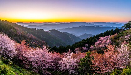 Obraz premium Panoramic sunrise view of cherry blossoms over mountains