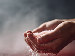 Fototapeta premium Hands gently cradle pink crystals, water droplets falling. Evokes wellness, purity, healing. Ideal for beauty, spa, health, or environmental themes.