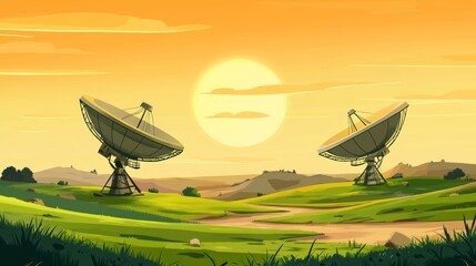 Two large satellite dishes on a grassy landscape at sunset