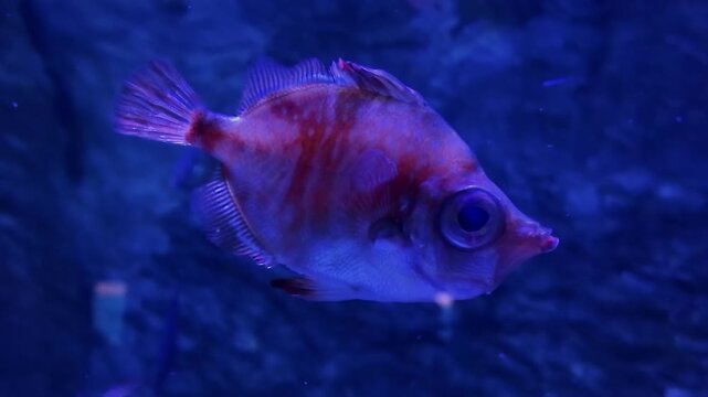 Single Boar fish aka Poisson sanglier by scientific name is capros aper fish floating in clear blue aquarium water.