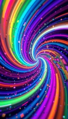 The image features a vibrant, swirling vortex of multicolored light streaks that create a dynamic sense of motion and depth