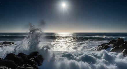 Obraz premium Oceans Fury - Waves Crashing Against Rocks Under a Bright Sun.