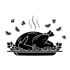 Illustration of a roasted turkey on a platter with garnish, , perfect for thanksgiving or holiday designs