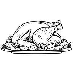 Vector art of detailed line art illustration of a roasted turkey with vegetables on a platter, , perfect for thanksgiving or holiday designs