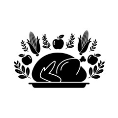 Vector art of thanksgiving turkey with corn, apples, and herbs for a festive holiday meal celebration and autumn harvest season
