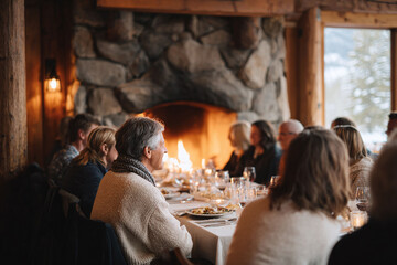 Warm, inviting scene of people dining around a long table by a stone fireplace. Represents togetherness, celebration, and cozy winter gatherings. Perfect for holiday, lifestyle, or hospitality themes.