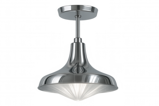 Sleek chrome pendant lamp glowing against transparent backdrop, highlighting modern lighting design