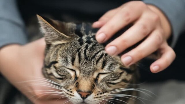 Gentle caress: A tabby cat enjoying a comforting moment with soft human touch