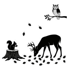 Vector art of silhouette of a deer eating leaves with a squirrel on a stump and an owl perched on a branch