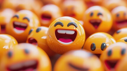 A group of yellow emoji balls with different facial expressions, one in focus laughing with mouth open