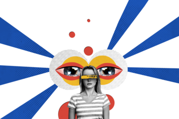 Composite photo collage of young girl taped eyes tiredness workaholic exhausted eyeball business control isolated on painted background