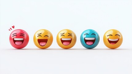 Row of colorful emoji characters with happy expressions isolated on white background