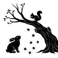 Vector art of silhouette illustration of a rabbit looking up at a squirrel in a tree with falling leaves
