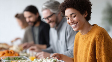 Joyful gathering with diverse friends enjoying a meal. Represents community, connection, friendship, and shared moments. Ideal for lifestyle, food, and social themes.