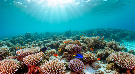 Obraz premium Sunlit Coral Reef with Colorful FishA vibrant underwater world teeming with life, where sunlight pierces the turquoise water, illuminating a healthy coral reef and a variety of colorful fish.