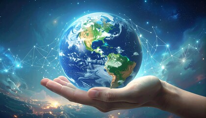 A hand holds the Earth, digitally enhanced with a network of lines