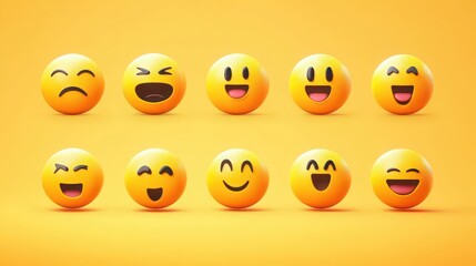 A group of 3d rendered yellow emoji faces expressing various emotions on a bright yellow background