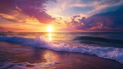 Fototapeta premium A breathtaking sunset over the ocean, with waves crashing on the shore and a vibrant sky filled with pink, orange, and purple hues.
