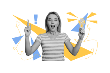 Creative image collage young woman eureka lightbulb lamp electric power idea strategy smart solution decision diligent worker