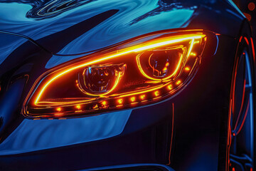 Modern car headlight glowing bright orange with vivid LED lights. Dark vehicle body reflects blue light at night. Close up automotive design technology.