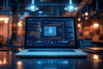 Open laptop computer screen displays abstract glowing blue digital code and data interface in a dark modern tech office environment with bokeh lights.