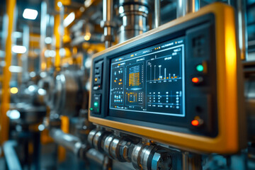 Industrial control panel with digital screen displaying real time data, graphs, and system indicators. Factory automation technology for process monitoring and production management.
