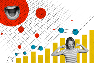 Trend artwork sketch image collage of workspace page obsolete young lady hand gesture cover ears loud talk woman mouth trader graphics