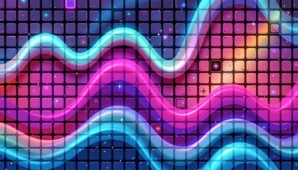 The image features a vibrant digital display with a grid of small, illuminated squares that create a pixelated backdrop
